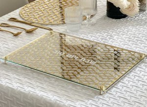 Picture of Lucite and Glass Challah Board Laser Cut Design Gold 16" x 11"